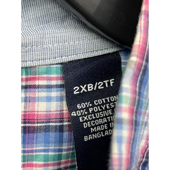 Chaps Easy Care Men's size 2XB Long Sleeve Button Front Shirt Pink Blue Plaid - Picture 3 of 5